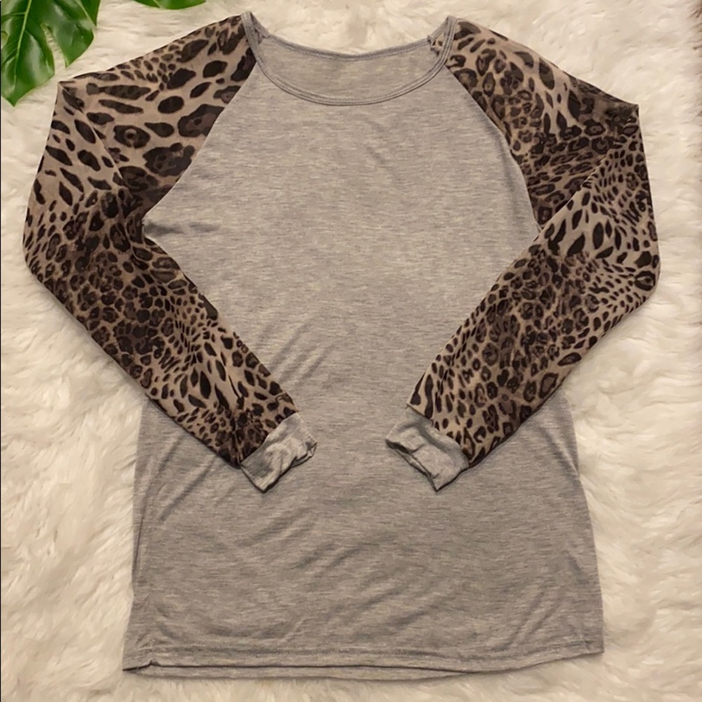 Long sleeve grey shirt sheer leopard sleeves